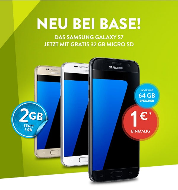Top Angebote bei BASE im Juni – Das Galaxy S7 inkl. gratis 32 GB SD Karte und Allnetflat mit 2GB LTE Datenflat