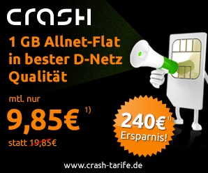 crash Deal der Woche - crash-tarife.de Allnetflat Handytarif im Telekom D1 Netz mit 1 GB Datenflat für monatlich nur 9,85 Euro