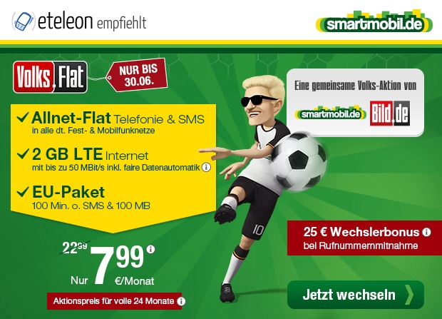 smartmobil.de und BILD.de präsentieren die Volks Flat: Allnetflat Handytarif inkl. 2 GB LTE Datenflat für nur 7,99 Euro mtl.