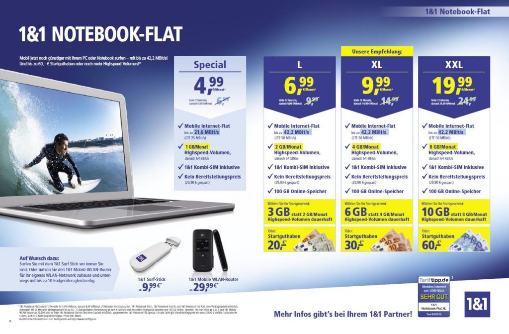 1und1 Notebook-Flat Tarifübersicht Juli 2016