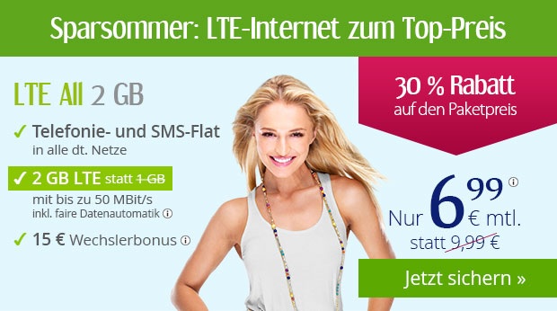 winSIM Sommer Aktion – Allnetflat Handyvertrag mit 2GB LTE Datenflat für günstige 6,99 Euro monatlich