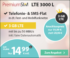 PremiumSIM Aktionstarif LTE 3000 L nur 14,99 Euro monatlich