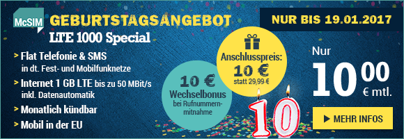 10 Jahre McSIM - Geburtstagsaktion mit dem LTE 1000 Special