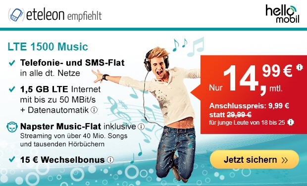 Bühne frei für die helloMobil Handyverträge inklusive Napster Music-Flat ab 14,99 Euro monatlich