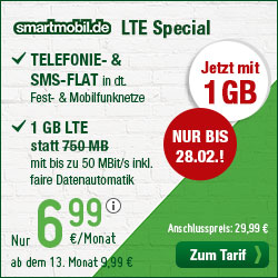 Der smartmobil.de LTE Special Handyvertrag bis 28.02. mit 1GB LTE-Datenvolumen ab 6,99 Euro monatlich