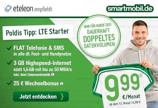 Lukas Podolski - Poldi - LTE Starter Allnetflat Handytarif mit 3 GB Datenvolumen ab 9,99 Euro monatlich von smartmobil.de
