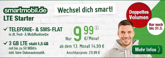 smartmobil.de - Wechsel dich smart - smartmobil.de LTE Starter Allnetflat Handyvertrag nur noch bis zum 31.3.2017 mit doppeltem LTE Datenvolumen von 3GB für nur 9,99 Euro monatlich
