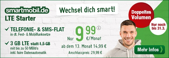 smartmobil.de - Wechsel dich smart - smartmobil.de LTE Starter Allnetflat Handyvertrag nur noch bis zum 31.3.2017 mit doppeltem LTE Datenvolumen von 3GB für nur 9,99 Euro monatlich
