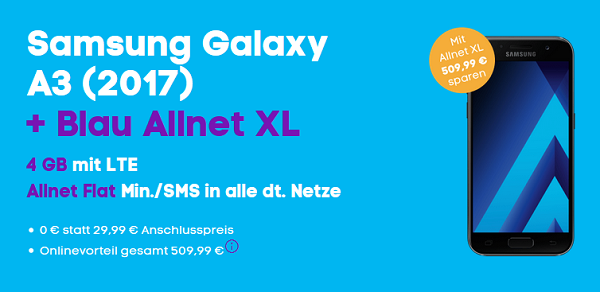 Top Handy-Bundle: Samsung Galaxy A3 plus Blau Allnetflat-Handyvertrag für 20 Euro monatlich