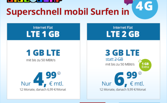 discoSURF Aktionsangebot - 1GB LTE Datenvolumen extra - Mobile LTE Internet-Flat mit 3 GB LTE Datenvolumen ab nur 6,99 Euro monatlich