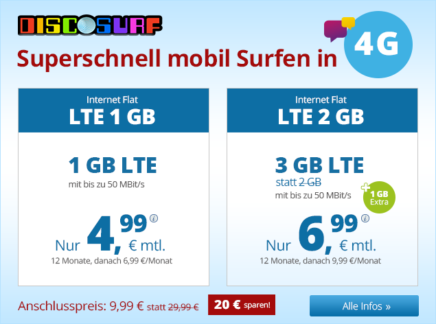 1 GB LTE Datenvolumen extra bei discoSURF: Mobile Internet Flat mit 3 GB LTE Datenvolumen ab nur 6,99 Euro monatlich