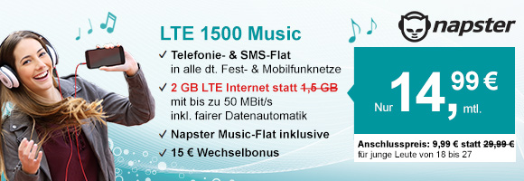 Allnetflat Handyvertrag mit LTE-Datenflat und Napster Musicflat ab 14,99 Euro monatlich
