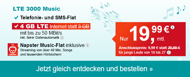 Die Napster Musicflat Handyverträge von helloMobil - Hier der LTE 3000 Music mit 1GB Datenvolumen extra
