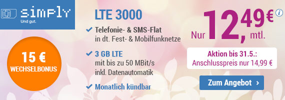 simply Allnetflat Handyvertrag monatlich kündbar LTE 3000 für nur 12,49 Euro monatlich