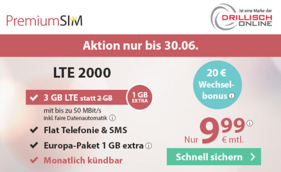 PremiumSIM Aktionstarif LTE 2000 mi 3GB Datenflat für nur 9,99 Euro monatlich