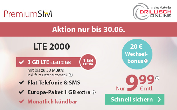 Tariftipp: PremiumSIM Aktionstarif mit 3 GB LTE und Allnetflat nur 9,99 Euro monatlich