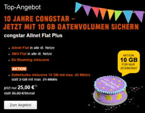 congstar Geburtstagsaktion - Congstar Allnet Flat Plus im Telekom D1-Netz mit 10 GB Datenvolumen und Datenturbo für nur 25 Euro monatlich
