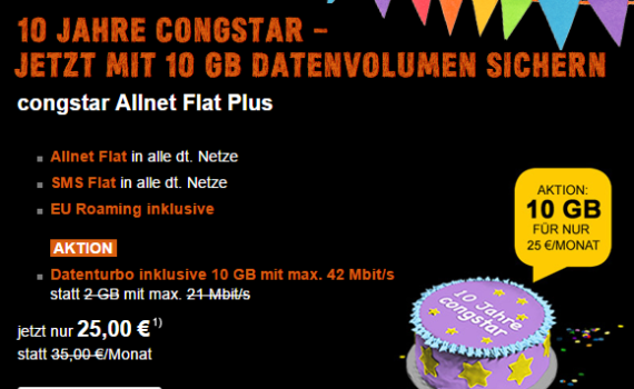 congstar Geburtstagsaktion - Congstar Allnet Flat Plus im Telekom D1-Netz mit 10 GB Datenvolumen und Datenturbo für nur 25 Euro monatlich