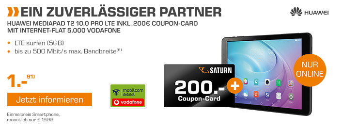 SATURN Technik-Festival - Das Huawei Mediapad T2 inklusive 200 Euro Coupon-Card von SATURN im D2 Datenflat-Tarif Internet-Flat 5000