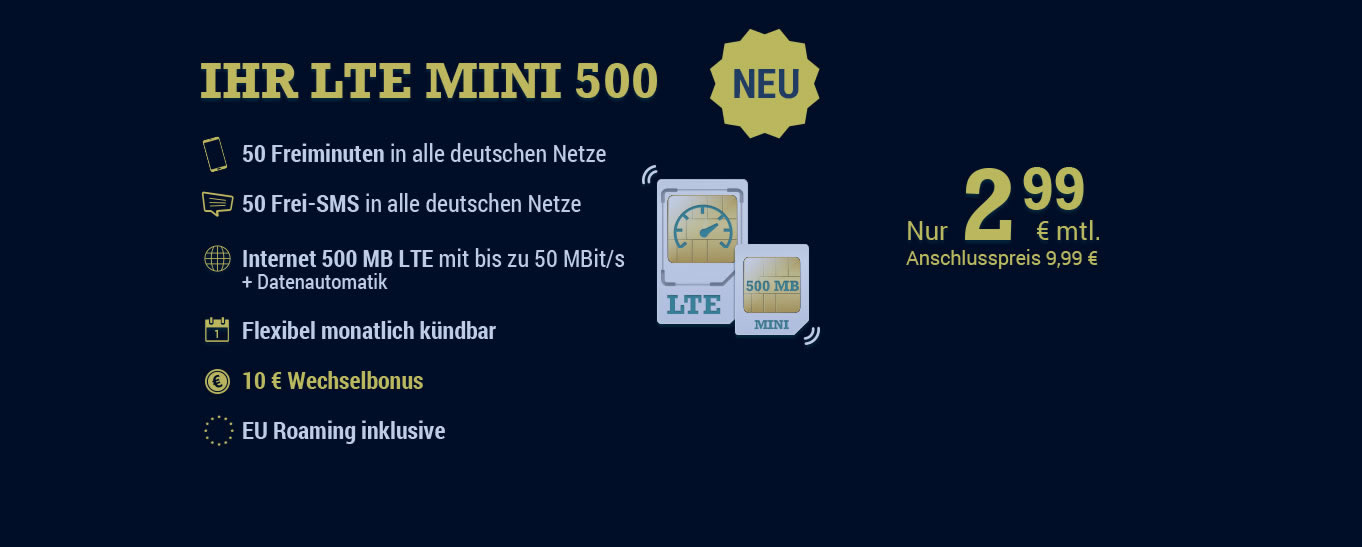 Tariftipp: Neue LTE Mini 500 und LTE Mini 1000 Handytarife von McSIM ab 2,99 Euro monatlich