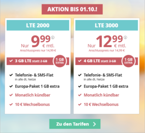 PremiumSIM Allnetflat Aktionstarife LTE 2000 und LTE 3000 mit 1 GB extra LTE-Datenvolumen und 10 Euro Wechselbonus ab günstige 9,99 Euro monatlich