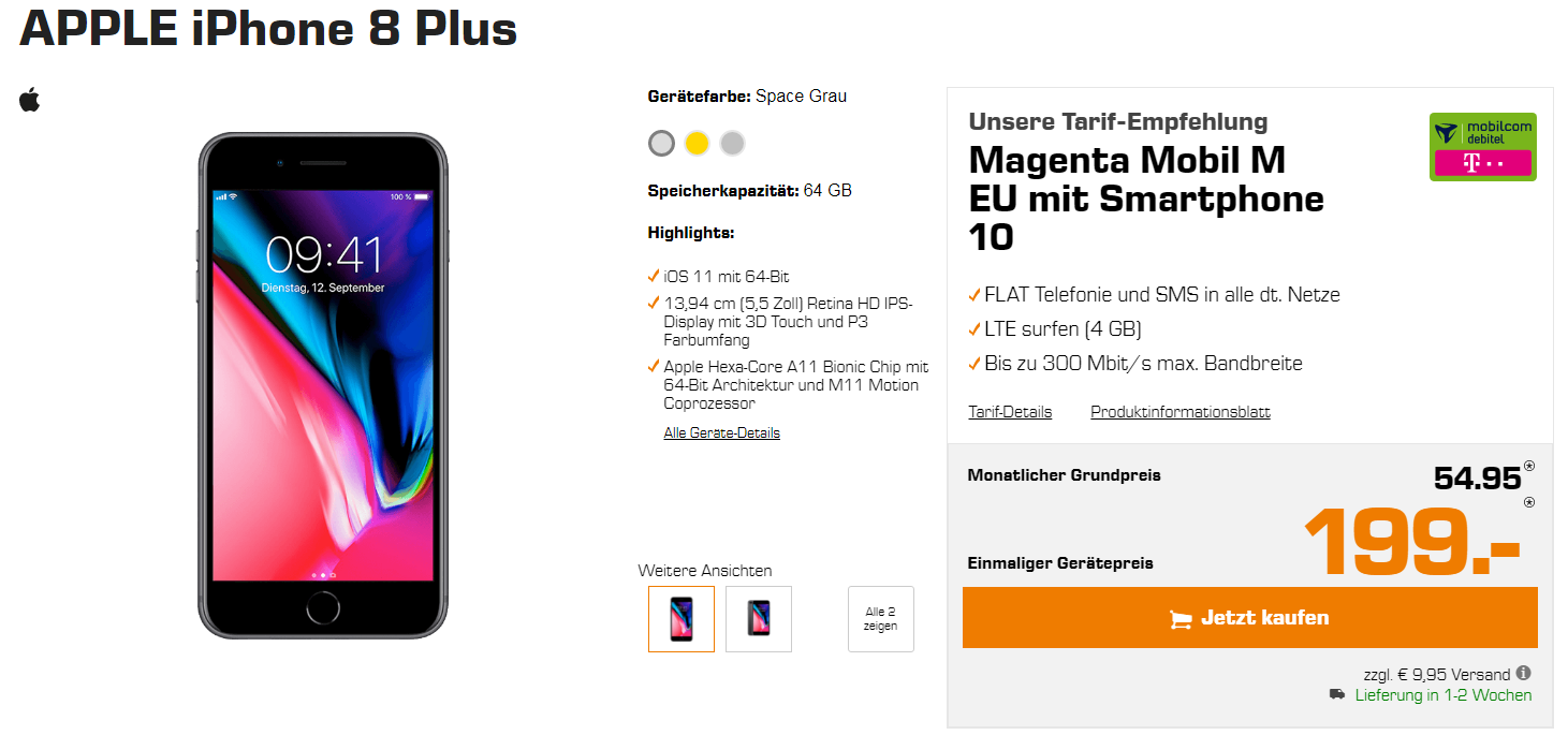 Top Angebot im SATURN Handyshop - Das iPhone 8 Plus mit Telekom Magenta Mobil M Allnetflat Handytarif