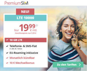 PremiumSIM Allnetflat Handytarif mit 10 GB LTE-Datenvolumen zum Sparpreis für nur 19,99 Euro monatlich