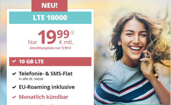PremiumSIM Allnetflat Handytarif mit 10 GB LTE-Datenvolumen zum Sparpreis für nur 19,99 Euro monatlich