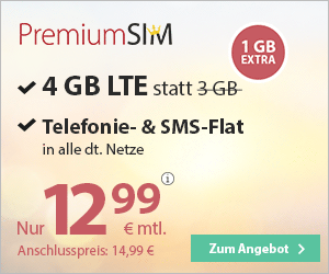 Monatlich kündbarer PremiumSIM Allnetflat Handytarif mit 4GB LTE Datenvolumen für nur 12,99 Euro monatlich