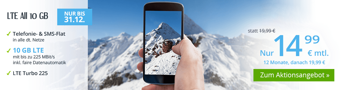 winSIM Aktionstarif LTE All 10 GB für unter 15 Euro monatlich in den ersten 12 Monaten