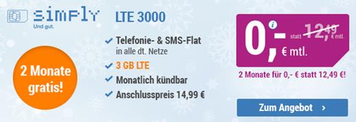 simply Allnetflat Handyvertrag LTE 3000 zum Sparpreis für nur 12,49 Euro monatlich - monatlich kündbar - 2 Monate die Grundgebühr geschenkt