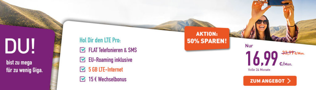 Yourfone LTE Pro Allnetflat Handytarif mit 5GB LTE-Datenvolumen inklusive EU-Roaming für nur 16,99 Euro monatlich