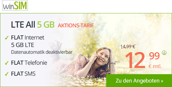winSIM Aktionstarif LTE All 5GB nur für kurze Zeit zum Aktionspreis für nur 12,99 Euro monatlich