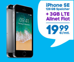 iPhone SE 128 GB plus blau Allnetflat Handytarif mit 3 GB LTE-Datenvolumen für monatlich nur 19,99 Euro