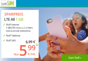 winSIM LTE All 1GB Allnetflat Aktionstarif für nur 5,99 Euro monatlich - Die Aktion ist nur noch bis zum 06.09.2018 gültig!