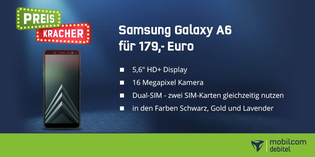 Spartipp: Preiskracher am Sonntag: Samsung Galaxy A6 für 179,- Euro bei mobilcom-debitel