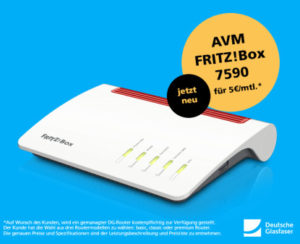 Die von zahlreichen Fachzeitschriften als Testsieger gefeierte AVM FRITZ!Box 7590 steht nun Deutsche Glasfaser Kunden für 5 Euro/Monat zur Verfügung. (DG)
