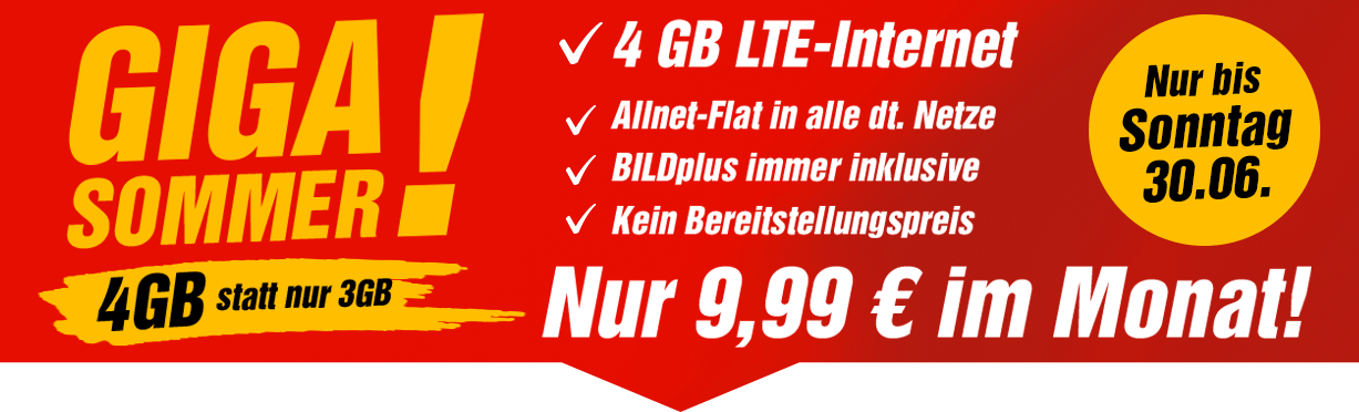 Aktuelle Tarifaktion bei BILDconnect - Aktion GIGA SOMMER! Sommerferien Special - Der BILDconnect Handytarif Flat LTE M mit 4 GB für nur 9,99 Euro
