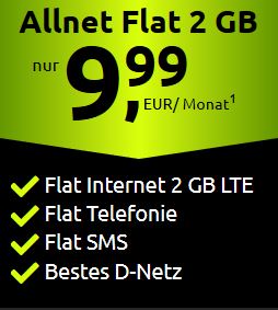Kracher Angebot bei Crash-Tarife – 2 GB LTE Handytarif im Telekom D1-Netz für nur 9,99 Euro im Monat
