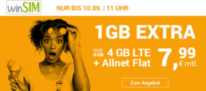 Tariftipp: winSIM Tarifaktion bis 10. September, 11 Uhr - 33 Prozent Datenvolumen gratis im LTE All 3GB Handytarif