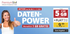 PremiumSIM LTE M Allnetflat Handyvertrag mit 5GB statt 4GB LTE-Datenvolumen für nur 9,99 Euro monatlich