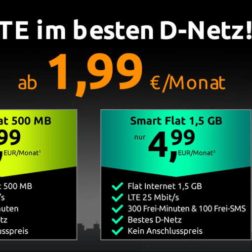 Aktions-Tariftipp - Crash-Tarife Crash Smart Flat 500 MB im Telekom D1-Netz für nur 1,99 Euro monatlich wieder da