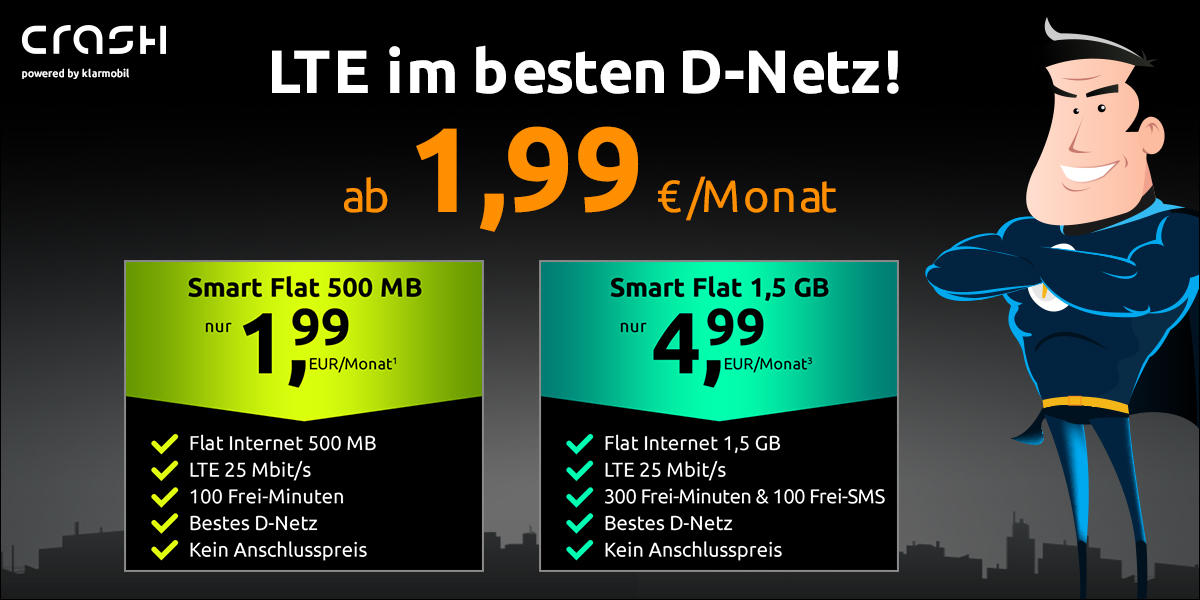 Aktions-Tariftipp: Crash-Tarife Crash Smart Flat 500 MB im Telekom D1-Netz für nur 1,99 Euro monatlich wieder da