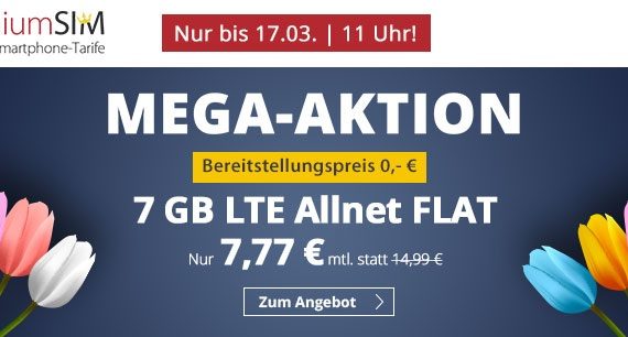 Mega Aktion zum Frühling bei PremiumSIM – 7 GB LTE Handyvertrag für nur 7,77 Euro monatlich