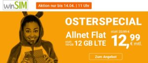 winSIM Oster-Special - 12 GB LTE Allnetflat Handyvertrag für 12,99 Euro monatlich