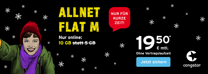 congstar Winteraktion – congstar Allnet Flat M mit 10 GB im Telekom D1 LTE-Netz für nur 19,50 Euro pro Monat