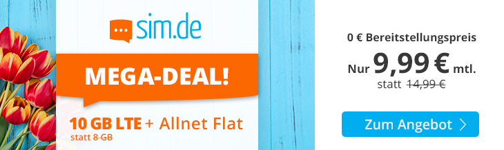 sim.de Mega-Deal - 10 GB Allnet-Flat Handytarif für nur 9,99 Euro monatlich