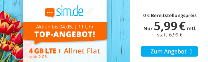 sim.de Top-Angebot - 4 GB Allnet-Flat Handytarif für nur 5,99 Euro monatlich