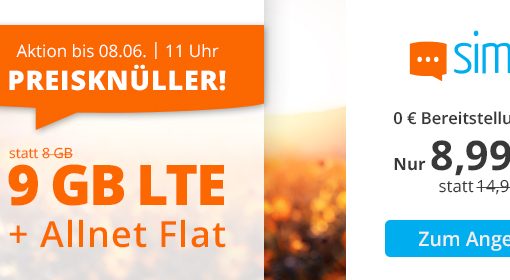 sim.de Weekend-Deal Preisknüller 9 GB LTE Handytarif für nur 8,99 Euro monatlich