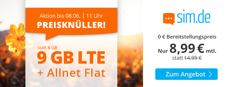 Tariftipp: Weekend-Deal Aktionstarif bei sim.de: 9 GB LTE Handytarif für nur 8,99 Euro monatlich
